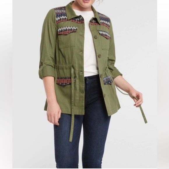 ModCloth- Olive Green Capulet Embroidered Aztec Utility Anorak Jacket- Size S - Picture 1 of 10